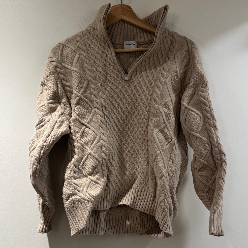 Aritzia Half-Zip Cable Knit Sweater in Taupe